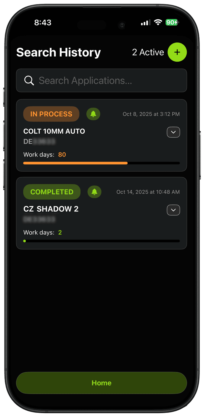 GunStatus Search History screen listing saved SAPS applications with status and working days