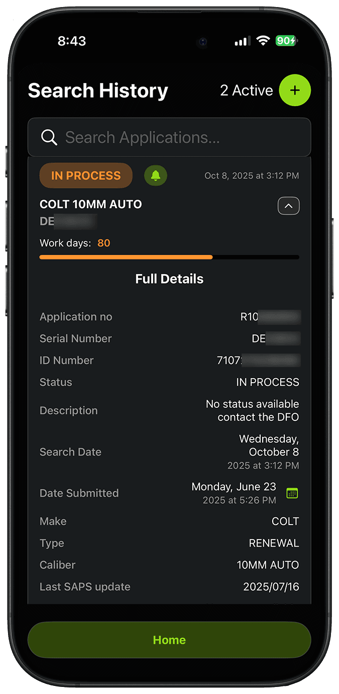 GunStatus application details with make, type, caliber and last SAPS update