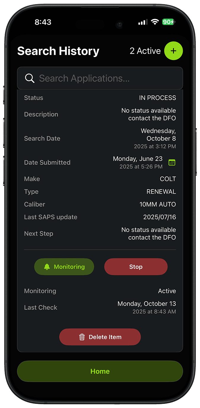 GunStatus application with background monitoring switched on