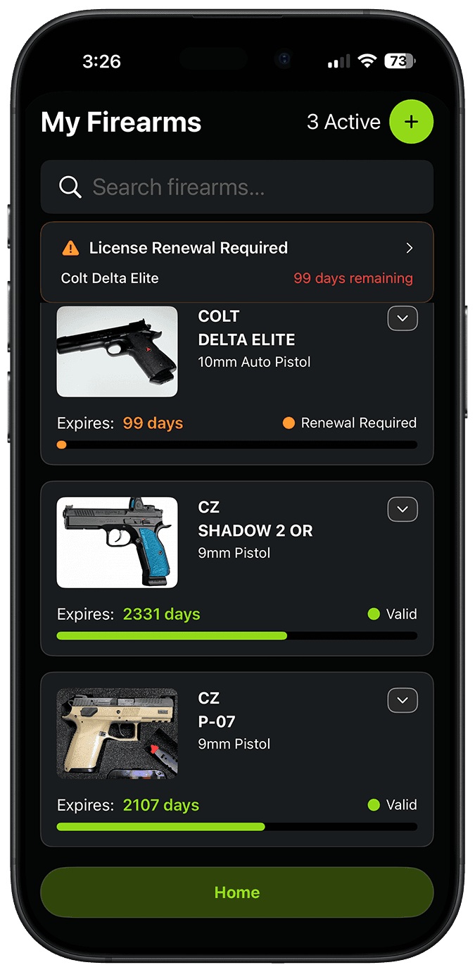 GunStatus My Firearms screen showing licence expiry countdowns and a renewal alert