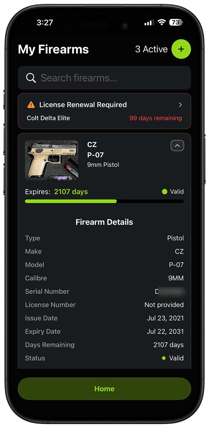 GunStatus firearm details with make, model, calibre, serial and licence dates