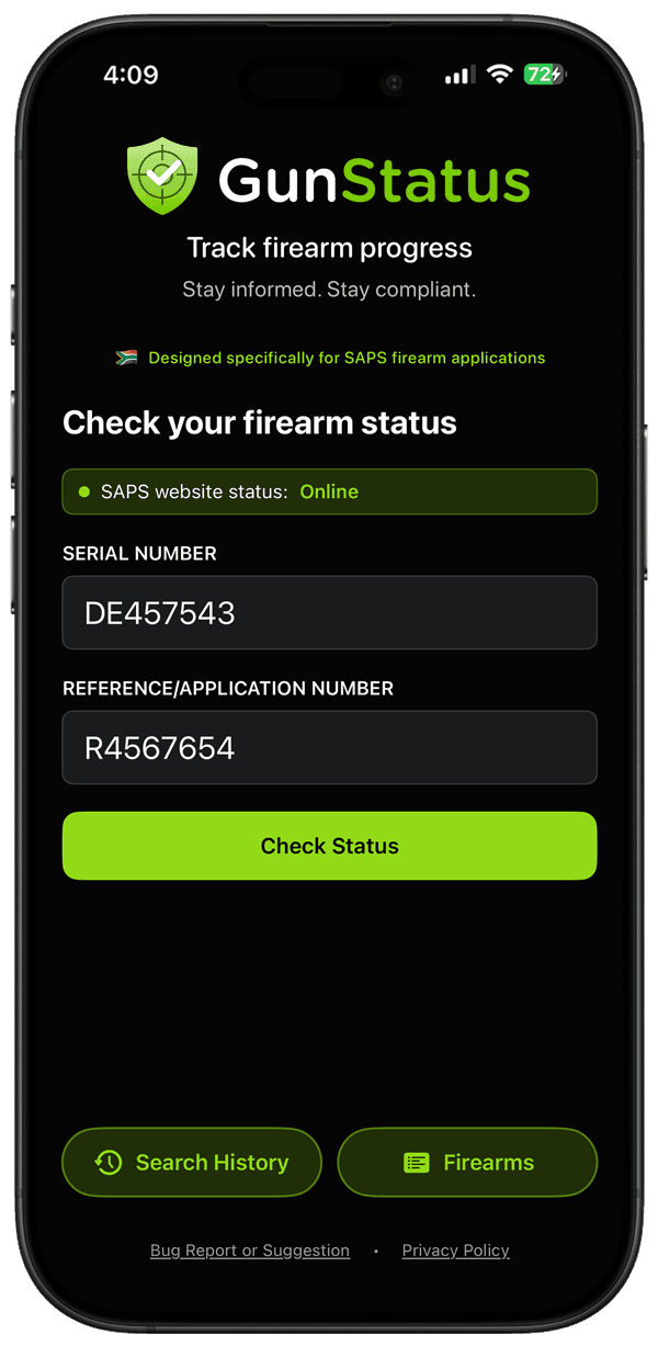 GunStatus home screen with the form to check your SAPS firearm application status